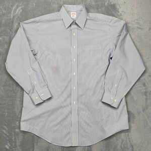 Brooks Brothers Dress Shirt Mens 16.5 White Blue Pinstripe Non-Iron Button Up